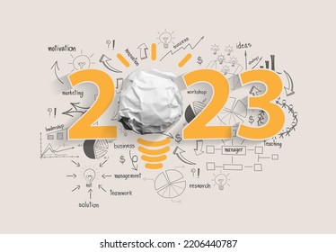 Vector creativity inspiration 2023 new year with crumpled paper ball light bulb ideas concept design, With drawing charts and graphs business success strategy plan - Shutterstock ID 2206440787