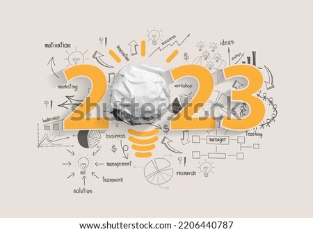 Vector creativity inspiration 2023 new year with crumpled paper ball light bulb ideas concept design, With drawing charts and graphs business success strategy plan