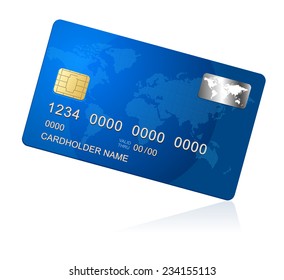 Icono azul de la tarjeta de crédito vectorial Aislado en el mapa blanco y mundial