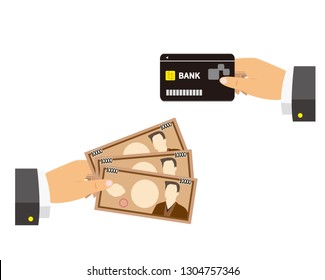 Vector credit card. Business and finance. Paper money 10000 yen.