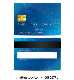 Vector credit card empty template with mandala drawing on background