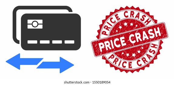 Vector credit card exchange icon and rubber round stamp seal with Price Crash caption. Flat credit card exchange icon is isolated on a white background.