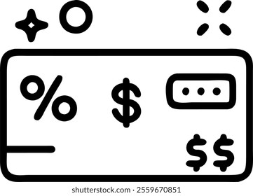 Vector of a credit card with glowing currency symbols and discount signs concept as A sleek vector graphic of a credit card featuring glowing currency symbols and embedded discount signs isolated on a