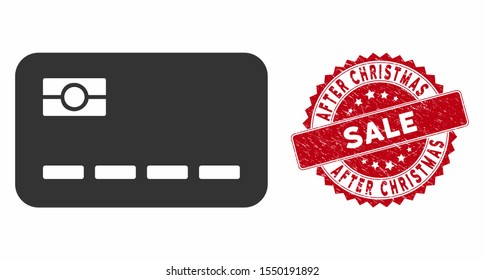 Vector credit card icon and distressed round stamp seal with After Christmas Sale phrase. Flat credit card icon is isolated on a white background.