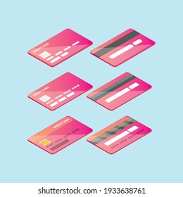 vector credit card icon set isolated on blue background. worldwide online payment icons. Isometric credit card icon collection with back and front view