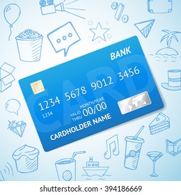Vector Credit card with set of doodle icons, hand drawn objects on background