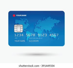 Vector credit card with world map in background.