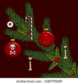 Vector creepy art with branch of Christmas tree for scary design and decor, print, poster, cover, apparel, brand. Spooky illustration for the New Year horror party invitation, web page, postcard.