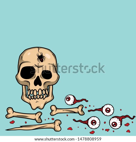 Vector creepy art with skull, bones, spider and eyeballs for print, card, logo, poster, cover, sticker. Scary illustration for horror festival, party invitation, flyer, Halloween design, background.