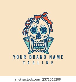 Vector creepy art with skull, wineglass ,Print, poster, cover, sticker, card. Scary illustration for horror festival, party invitation, Halloween design
