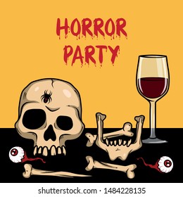 Vector creepy artwork with bones and skull for scary design, card, print, poster, cover, sticker. Spooky illustration for horror festival, party invitation, flyer, Halloween design, background.