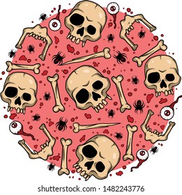 Vector creepy artwork with skulls and bones for t-shirt design, card, logo, poster, cover, sticker. Scary illustration for horror festival, party invitation, flyer, Halloween design, background.