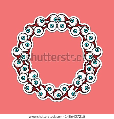 Vector creepy artwork with wreath of blue eyeballs for t-shirt design, card, logo, poster, cover, sticker. Scary illustration for horror festival, party invitation, Halloween design, background.
