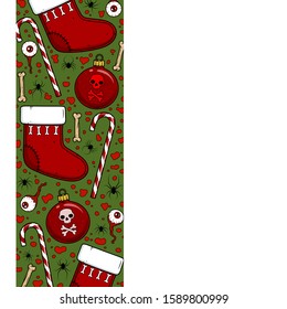 Vector creepy border with fir branches, sock, eyeballs, blood, candy, bones, spiders for scary Christmas design and decor. Spooky illustration for the New Year party invitation, web page, postcard.