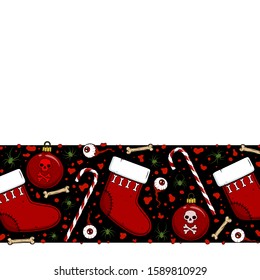 Vector creepy border with fir branches, sock, eyeballs, blood, candy, bones, spiders for scary Christmas design and decor. Spooky illustration for the New Year party invitation, web page, postcard.