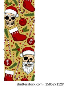 Vector creepy border with skulls, blood for Christmas scary design and decor, print, poster, cover, packing, apparel. Spooky illustration for the New Year party invitation, web page, postcard, article