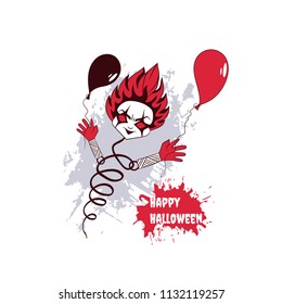 Vector creepy card of crazy toy clown with balloons and text happy halloween. Splash of paint. Isolated on the white background.