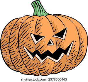 Vector Creepy Carved Orange Pumpkin With Spooky Eyes And Smile. Hand Drawn Jack-o-Lantern For Halloween Party
