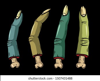 Vector creepy colorful body parts. Нorror art of fingers for scary design, print, poster, cover, sticker, packing, label. Spooky illustration for horror festival, party invitation, Halloween design.