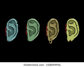 Vector creepy colorful body parts. Нorror art of ears for scary design, print, poster, cover, sticker, packing. Spooky illustration for horror festival, party invitation, Halloween design, decoration.