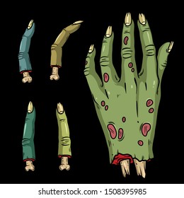 Vector creepy colorful body parts. Нorror art of hand, fingers for scary design, print, poster, cover, sticker, packing. Spooky illustration for horror festival, party invitation, Halloween design.