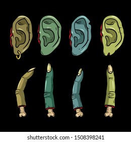 Vector creepy colorful body parts. Нorror art of ears, fingers for scary design, print, poster, cover, sticker, packing. Spooky illustration for horror festival, party invitation, Halloween design.
