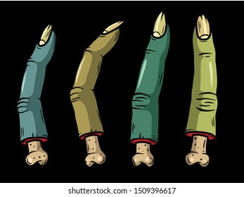 Vector creepy colorful body parts. Нorror art of fingers for scary design, print, poster, cover, sticker, packing. Spooky illustration for horror festival, party invitation, Halloween design. decor.