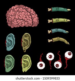 Vector creepy colorful body parts. Нorror art of brain, ears, fingers, eyeballs for scary design, print, poster, cover, sticker. Spooky illustration for horror festival, party, Halloween design.