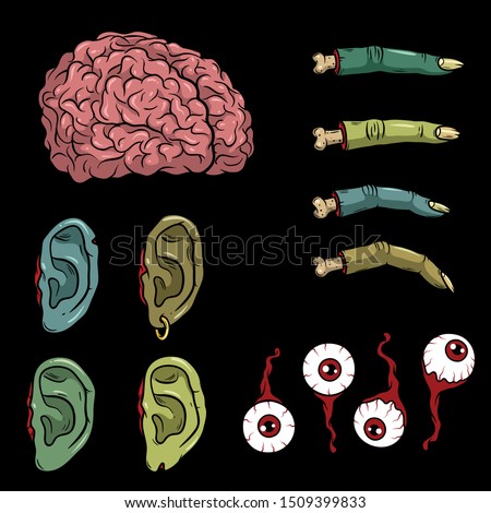 Vector creepy colorful body parts. Нorror art of brain, ears, fingers, eyeballs for scary design, print, poster, cover, sticker. Spooky illustration for horror festival, party, Halloween design.