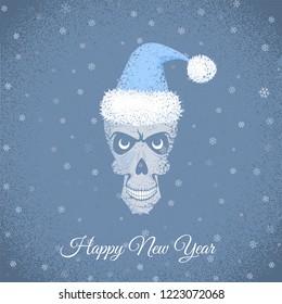 Vector creepy greeting card with grey skull in blue santa hat on the grunge background with snowflakes. Text Happy New Year.