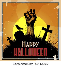 Vector Creepy Halloween background illustration, zombie hand rising from its grave in moonlight