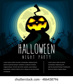 vector creepy halloween card template with cartoon pumpkin silhouette in dark blue sky