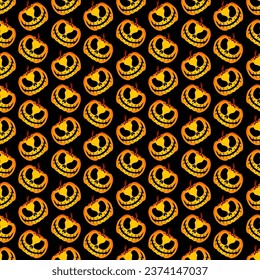 vector creepy halloween pumpkin seamless pattern black orange evil jack o lantern repeating tile, dark spooky halloween backdrop repeat background, funny scary pumpkin october halloween wrapping paper