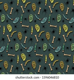 Vector creepy pattern with bones, ears, spiders for scary design and deco Halloween party invitation.