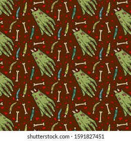 Vector creepy pattern with cut fingers, hands, bones for scary design and decor, poster, cover, packing, fabric, apparel, brand. Spooky illustration for horror festival, Halloween party invitation.