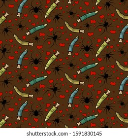 Vector creepy pattern with cut fingers, spiders for scary design and decor, print, poster, cover, packing, fabric, apparel, brand. Spooky illustration for horror festival, Halloween party invitation.
