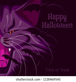 Vector creepy purple illustration of a half vampire cats face with text happy halloween, trick or treat.