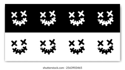 Vector creepy smiling faces with X eyes and stitched mouths in black and white, perfect for horror themed designs