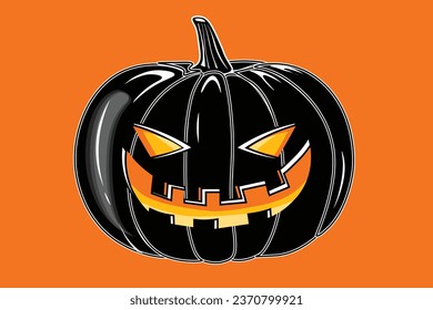 Vector Creepy Smiling Halloween pumpkin Isolated on orange background. Black color pumpkin illustration with creepy  face expressions Happy Halloween Trick or Treat. Glowing Pumpkin Lantern Element.