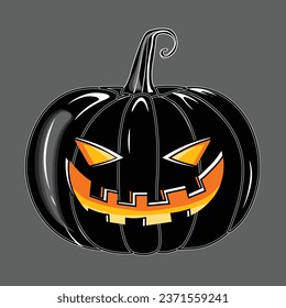 Vector Creepy Smiling Halloween Pumpkin Isolated on Grey Background. Black color pumpkin illustration with creepy  face expressions Happy Halloween Trick or Treat. Glowing Pumpkin Lantern Element.