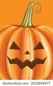 Vector Creepy Smiling Halloween pumpkin Isolated on orange background. Black color pumpkin illustration with creepy  face expressions Happy Halloween Trick or Treat. Glowing Pumpkin Lantern Element.