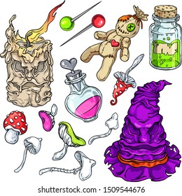 Vector creepy Sorcerer colorful collection. Candle, voodoo doll, witch hat, potions and mushrooms for web, clothes and graphic design, print, poster, cover, package, stickers, cards. Halloween design