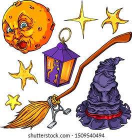Vector creepy Witch Attributes colorful collection. Moon, lantern, broom, witch hat and stars for web, clothes and graphic design, print, poster, cover, package, stickers, cards. Halloween design