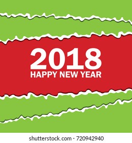 Vector creeting Happy New 2018 Year card. Paper cut effect. Modern ripped background. Christmas banner. Torn paper tape for various purposes. Green red white color.