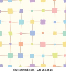 Vector creme seamless pattern: Flashing Squares. Bumy squares of different sizes with blurred outlines connected by orange lines on a cream-white background. Part of Pastel Mosaic collection.
