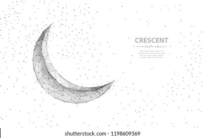 Vector crescent moon. Abstract polygonal wireframe moon illustration on white background with stars of universe space. Night symbol. Arabic, islamic, muslim, ramadan design