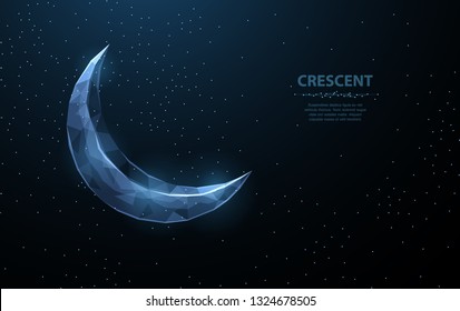 Vector crescent moon. Abstract polygonal wireframe moon illustration on dark blue night sky background with stars of universe space. Night symbol. Arabic, islamic, muslim, ramadan design