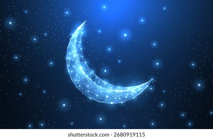 Lua crescente vetorial. Ilustração poligonal abstrata da lua wireframe no fundo azul escuro do céu noturno com estrelas do espaço do universo. Símbolo da noite. Design árabe, islâmico, muçulmano e ramadã