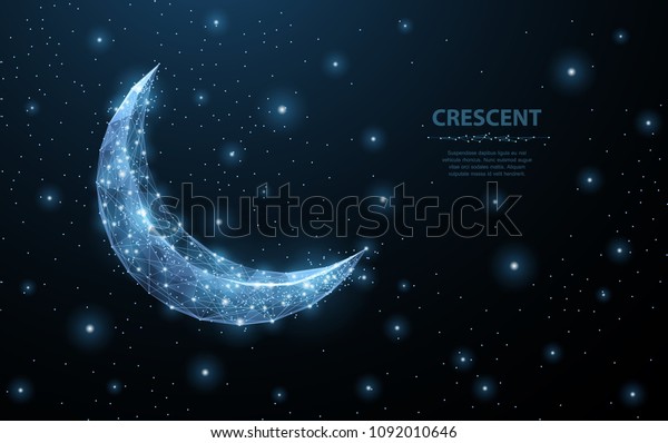 矢量新月抽象多边形线框月亮插图在深蓝色夜空背景下与宇宙空间的星星 夜间符号阿拉伯语 伊斯兰教 穆斯林 斋月设计库存矢量图 免版税