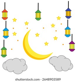 vetor lua crescente, nuvens, lanternas e estrelas para saudações de férias